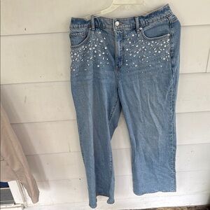 LOFT Blue Ankle Cropped Jeans with Rhinestone Embellishments